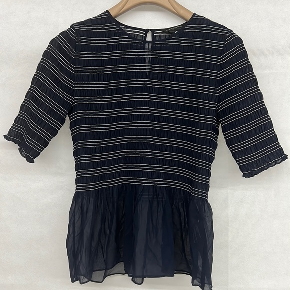 NEW Club Monaco Peplum Smocked Blouse Stretch Stripe Crop Top Navy Blue SZ SMALL - Picture 1 of 3
